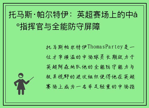托马斯·帕尔特伊：英超赛场上的中场指挥官与全能防守屏障