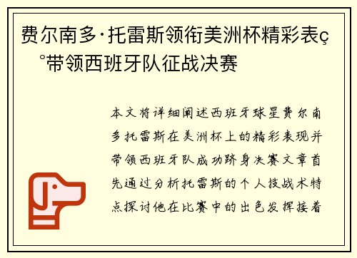 费尔南多·托雷斯领衔美洲杯精彩表现带领西班牙队征战决赛